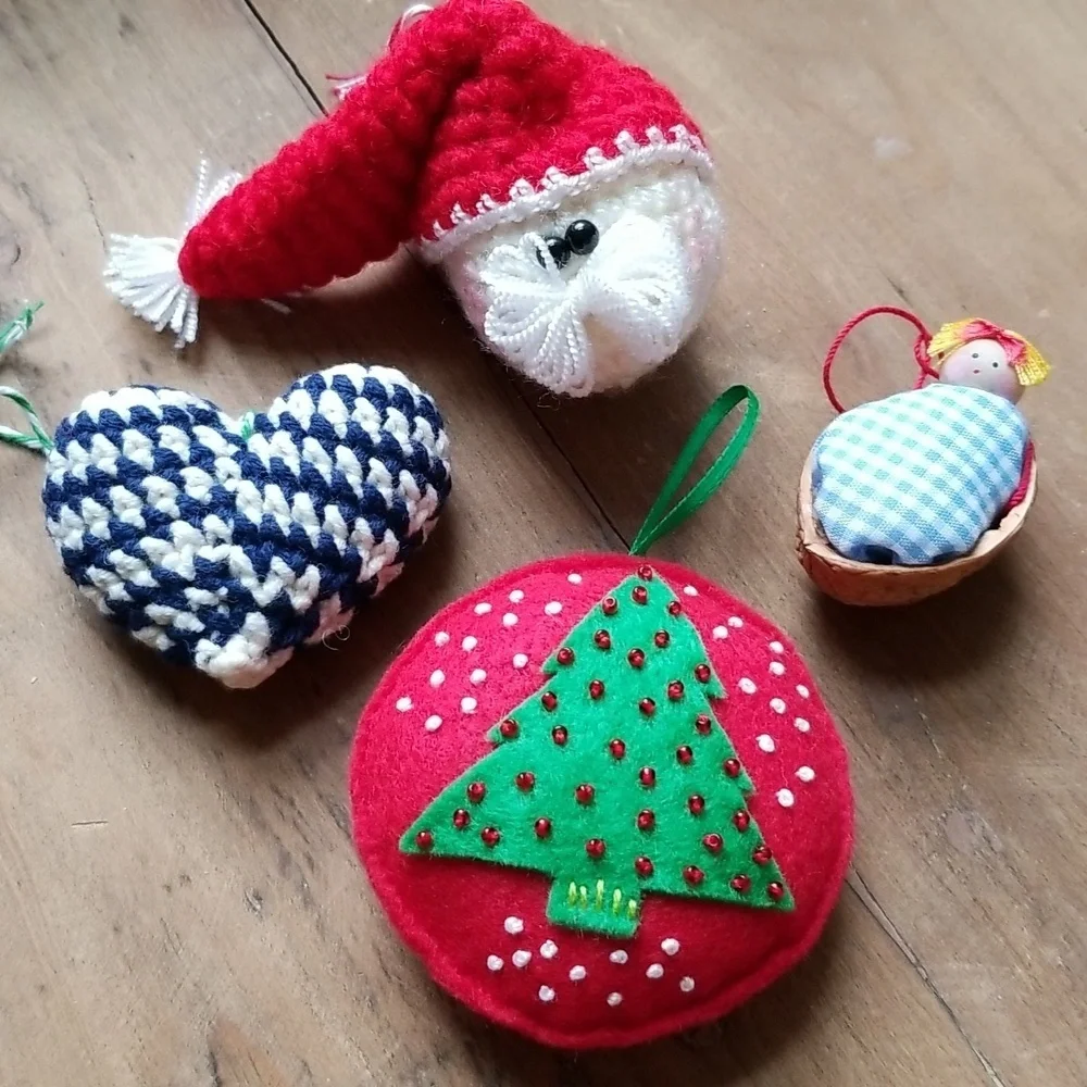 Ornaments Christmas Holiday Handmade Set Crochet Santa Heart Folkart Old Fashion